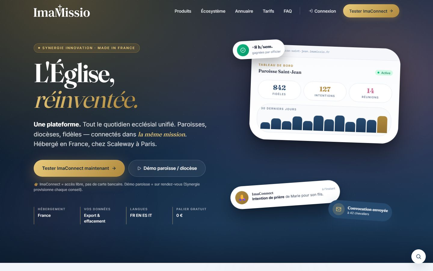 Page d'accueil d'ImaMissio : la plateforme qui réunit paroisses, diocèses et fidèles, hébergée en France